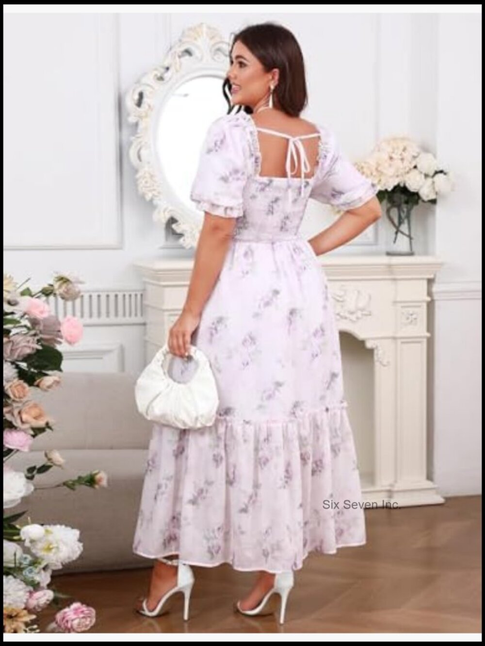 Plus Size Floral Maxi Dress with Puff Sleeves and Smocked Corset - Picture 4 of 7